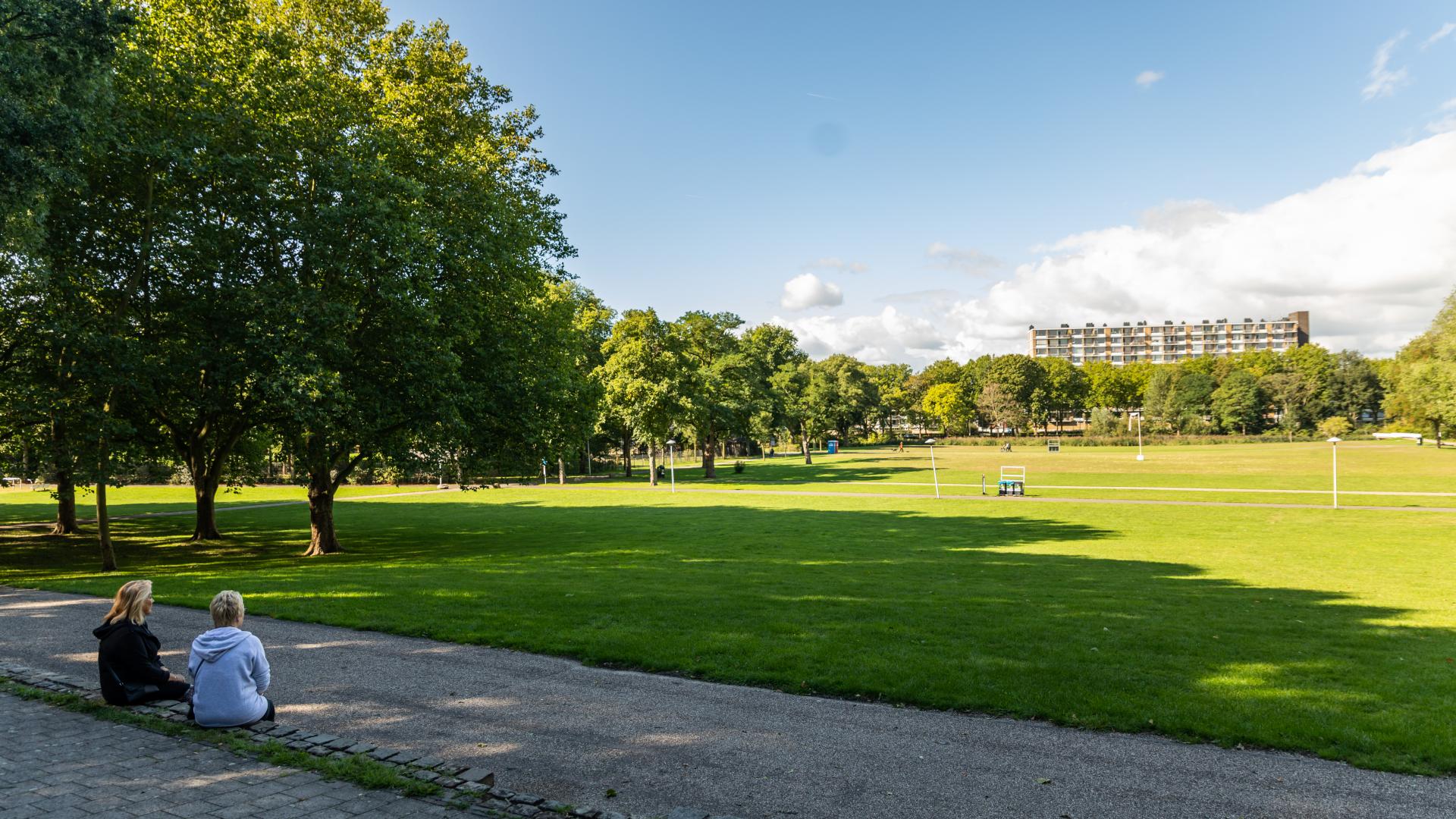 Stadspark met flat op achtergrond